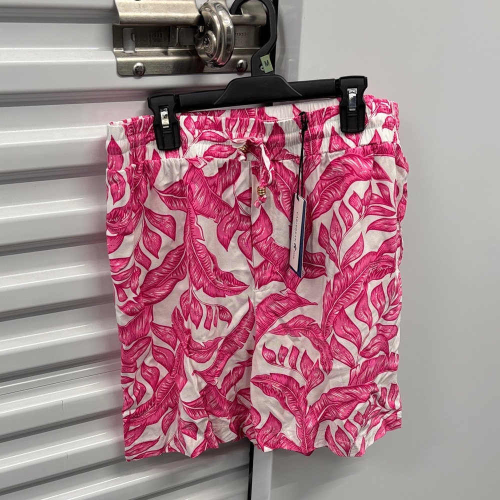 NWT Caribbean Joe Pink Tropical Print Women's Shorts Summer Elastic Drawstring L